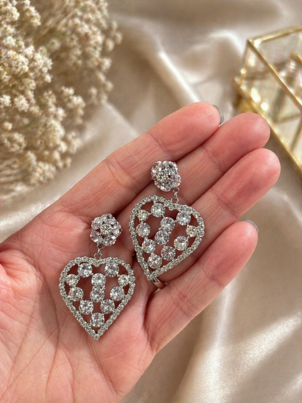 Silver Heart rhinestone Drop Earrings - Picture 2 of 3